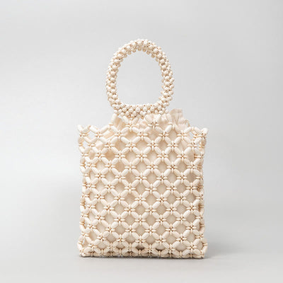 Buddha Stones Hand-woven Lozenge Wooden Beads Handbag Handbags BS Beige 23*23*2.5cm