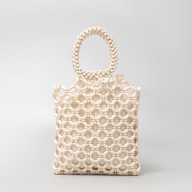 Buddha Stones Hand-woven Lozenge Wooden Beads Handbag Handbags BS Beige 23*23*2.5cm