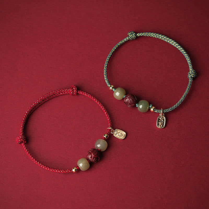 Buddha Stones 14K Gold Plated Hetian Jade Cinnabar Lotus Luck Handcrafted Rope Bracelet Bracelet BS 1