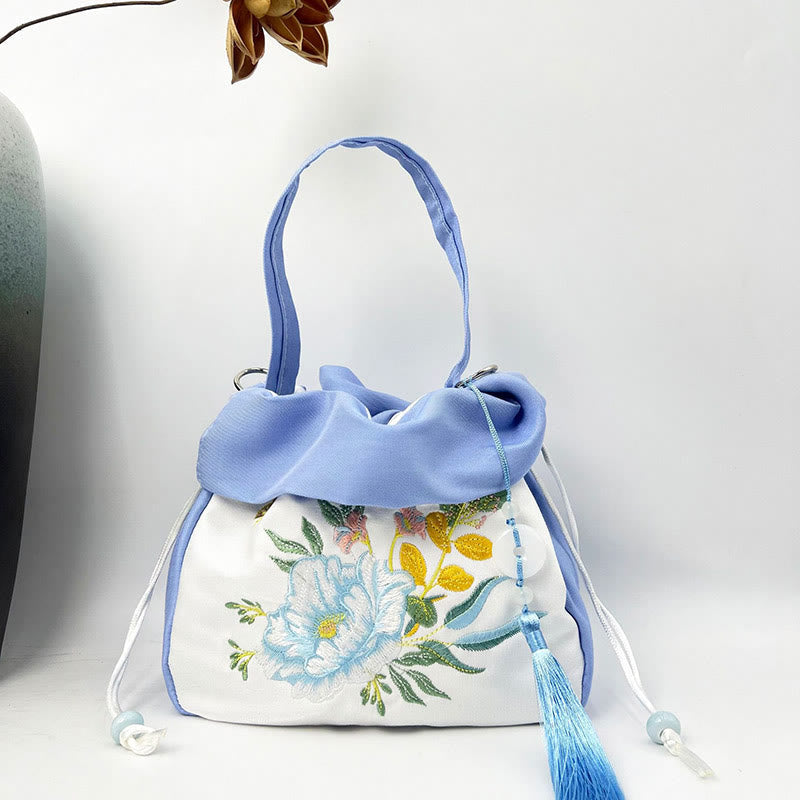 Buddha Stones Suzhou Embroidery Camellia Magnolia Peony Lotus Silk Tote Crossbody Bag Shoulder Bag Handbag Crossbody Bag BS Light Blue Peony 20*20*7cm