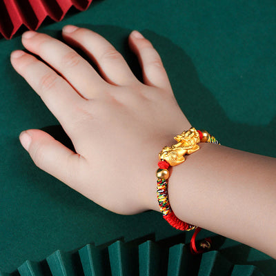 Buddha Stones 999 Sterling Silver PiXiu Wealth King Kong Knot String Braided Kids Child Bracelet Bracelet BS 999 Sterling Silver Golden PiXiu Colorful Rope(Bracelet Size 12+4cm)