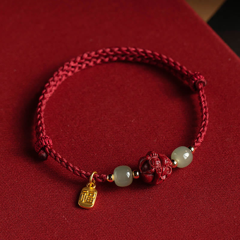 Buddha Stones Natural Cinnabar Chinese Zodiac Hetian Jade Fu Character Luck Rope Bracelet - image 14