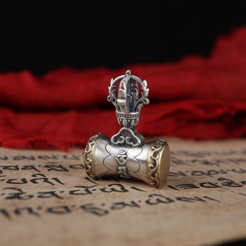 Buddha Stones Tibet 925 Sterling Silver Om Mani Padme Hum Dorje Bell Vajra Engraved Enlightenment Pendant Hanging Decoration Dorje BS Dorje Drum Pendant Only(19*26.5mm)