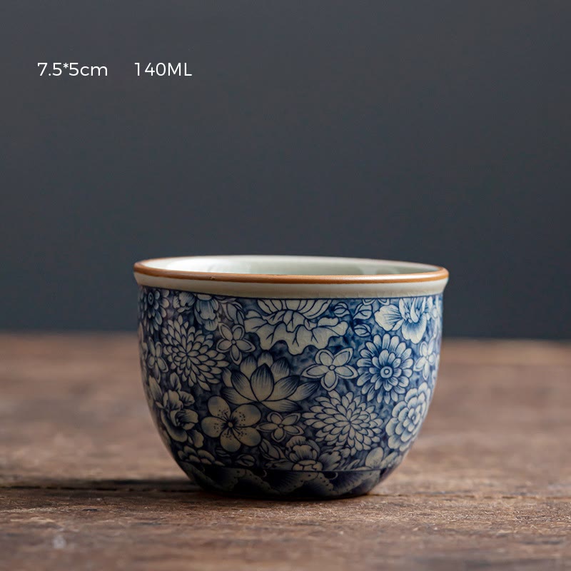Buddha Stones Blue Lotus Peach Blossom Chrysanthemum Design Ceramic Teacup Kung Fu Tea Cups Cup BS 7.5cm*5cm*140ml
