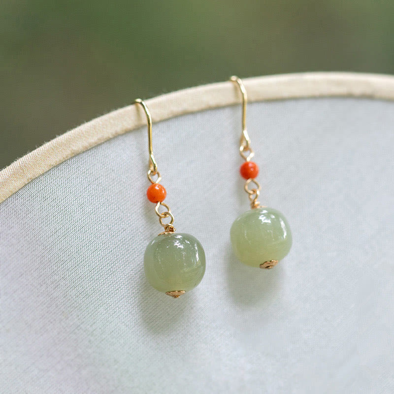 Buddha Stones 925 Sterling Silver 14K Gold Plated Hetian Jade Red Agate Luck Drop Dangle Earrings Earrings BS 1