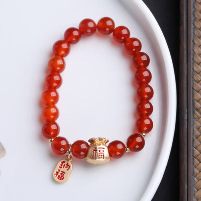 Buddha Stones Natural White Agate Red Agate Money Bag Fu Character Four Leaf Clover Protection Bracelet Bracelet BS Red Agate Money Bag