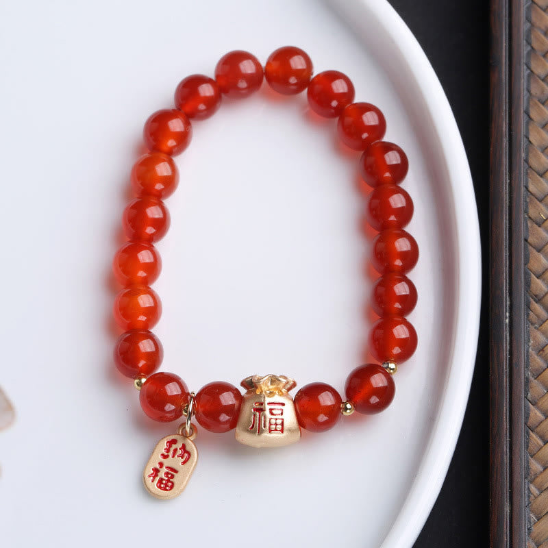 Buddha Stones Natural White Agate Red Agate Money Bag Fu Character Four Leaf Clover Protection Bracelet Bracelet BS Red Agate Money Bag