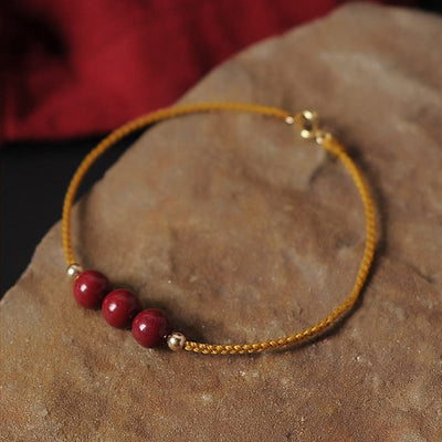 Buddha Stones 14K Gold Plated Natural Cinnabar Blessing String Braided Bracelet Bracelet BS 1
