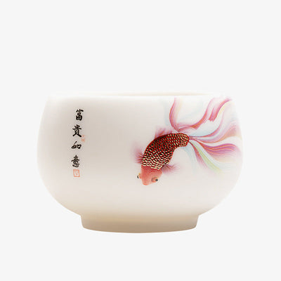Buddha Stones Koi Fish White Porcelain Ceramic Teacup Kung Fu Tea Cup Cup BS 12