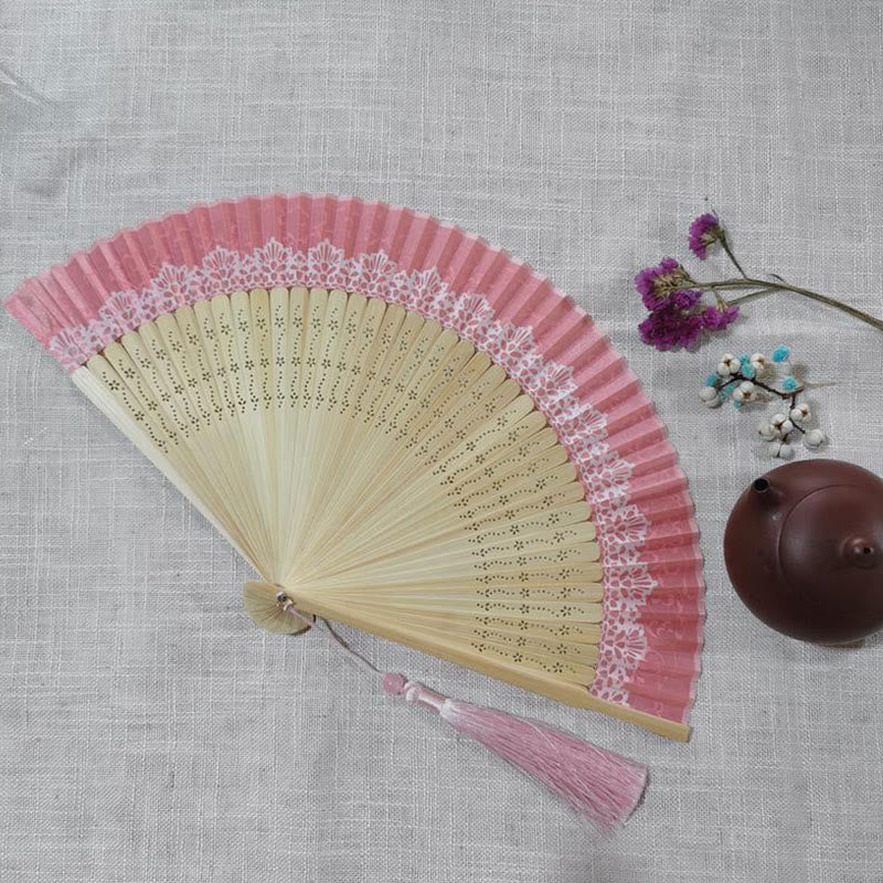 Buddha Stones Simple Hollow Engraved Handheld Bamboo Folding Fan Folding Fan BS Pink 22cm