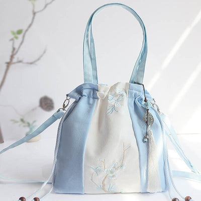 Buddha Stones Embroidered Grass Flowers Cherry Blossom Canvas Tote Crossbody Bag Shoulder Bag Handbag Crossbody Bag BS Light Blue White Triple Patchwork 28*30cm