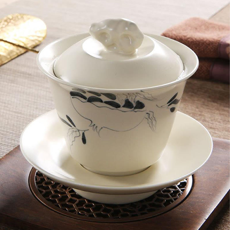 Buddha Stones Hand Painted Pomegranate Hibiscus Pine Lotus Ceramic Gaiwan Sancai Teacup Kung Fu Tea Cup And Saucer With Lid Cup BS 11