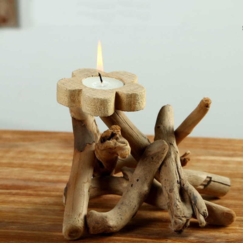Buddha Stones Flower Pattern Wood Candlestick Home Candle Holder Decoration Candle Holder BS 1