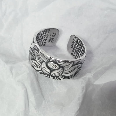 Buddha Stones 999 Sterling Silver Lotus Symbol Heart Sutra Protection Ring Ring BS 4