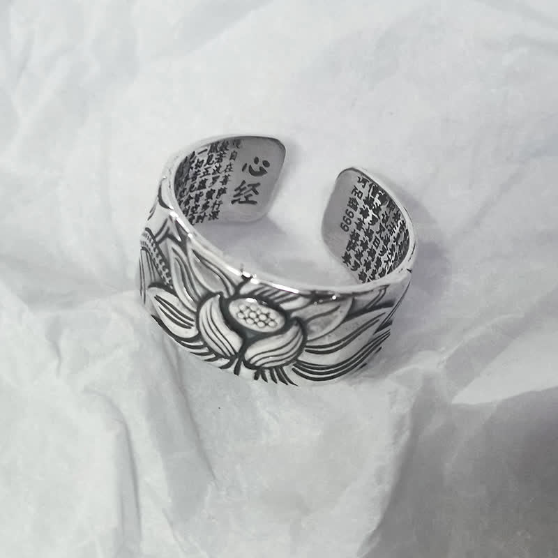 Buddha Stones 999 Sterling Silver Lotus Symbol Heart Sutra Protection Ring Ring BS 4