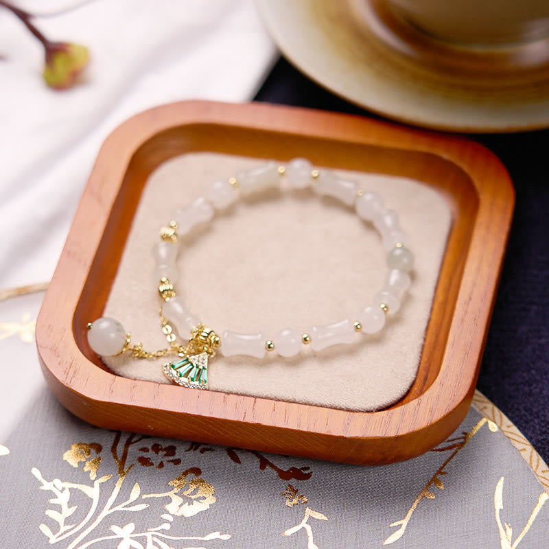 Buddha Stones Tianshan White Jade Bamboo Pattern Luck Blessing Bracelet 4
