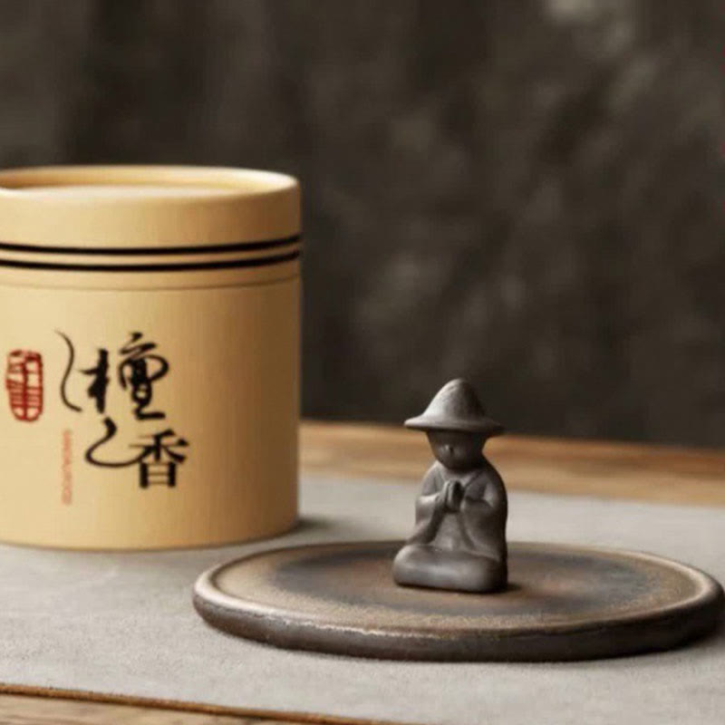 Buddha Stones Small Person Meditation Ceramic Spiritual Healing Incense Burner Incense Burner BS Small Person Meditation Incense Burner&48Pcs Sandalwood Incense