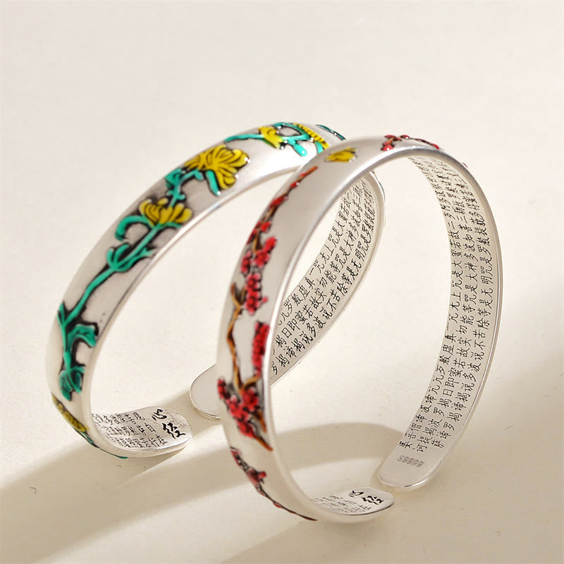 Buddha Stones Plum Blossom Chrysanthemum Flower Design Heart Sutra Healing Bracelet Cuff Bangle Bracelet Bangle BS 1