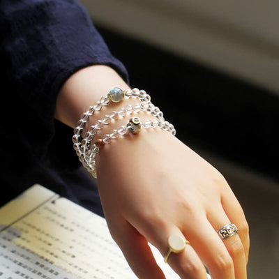 Buddha Stones 925 Sterling Silver Chinese Zodiac Natal Buddha White Crystal Meditation Triple Wrap Bracelet Bracelet BS 2
