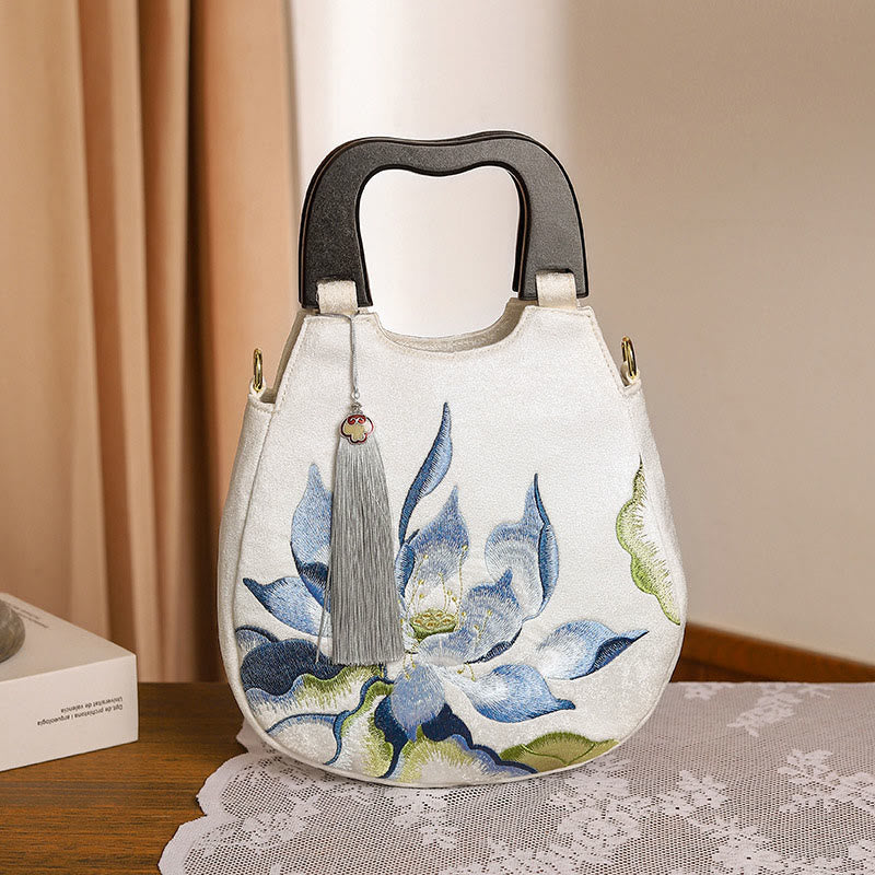 Buddha Stones Lotus Embroidery Handbag Crossbody Bag Crossbody Bag&Handbags BS 1