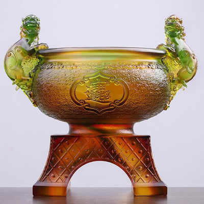 Buddha Stones Handmade Liuli Crystal PiXiu Treasure Bowl Art Piece Home Decoration Decorations BS 1