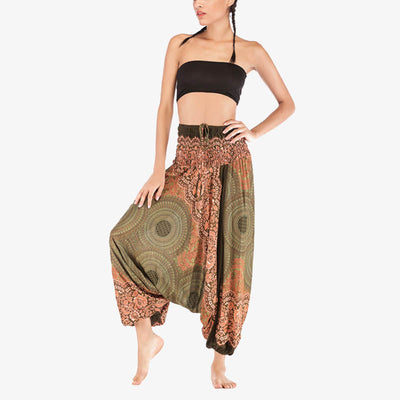 Buddha Stones Two Style Wear Round Geometric Pattern Loose Smocked Harem Trousers Jumpsuit High Waist Women's Yoga Pants Harem Pants&Bodysuit BS 40