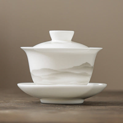Buddha Stones Vintage Ink Painting Mountain White Porcelain Ceramic Gaiwan Sancai Teacup Kung Fu Tea Cup And Saucer With Lid Tea Utensil Teapot Cup BS Cup 10.3cm*8.3cm*175ml