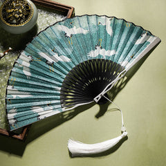 Buddha Stones Vintage Blue White Crane Pattern Handheld Silk Bamboo Folding Fan Folding Fan BS Blue Crane 22.5cm