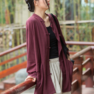Buddha Stones Frog-Button Long Sleeve Zen Meditation Open Front Jacket With Pockets 9