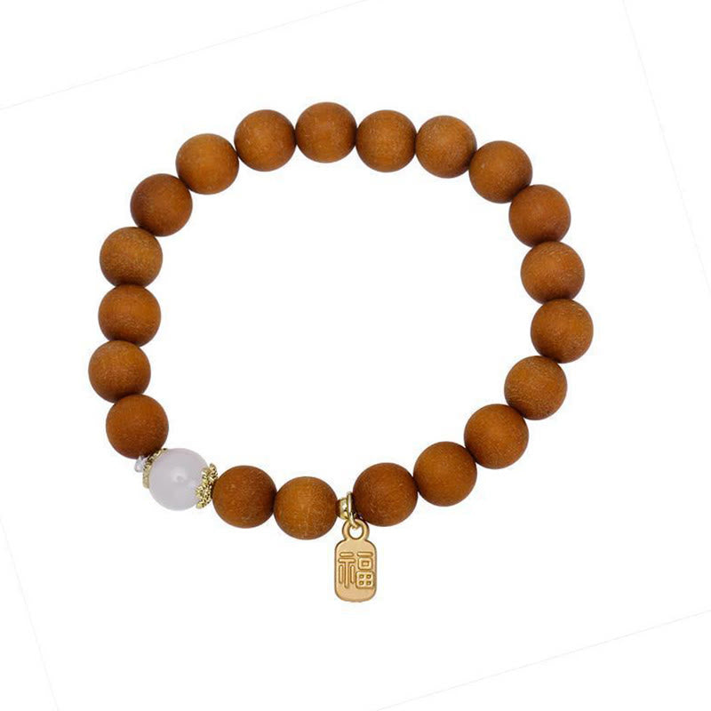 Buddha Stones Sandalwood Cat's Eye Fu Character Charm Protection Bracelet Bracelet BS 6