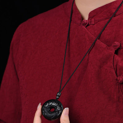 Buddha Stones Chinese Zodiac Natural Black Obsidian Peace Buckle Strength Necklace Pendant Necklaces & Pendants BS 8