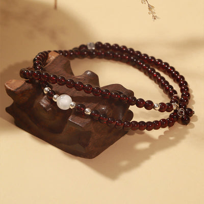 Buddha Stones 925 Sterling Silver Natural Garnet Cat Eye Protection Triple Wrap Bracelet Bracelet BS 1