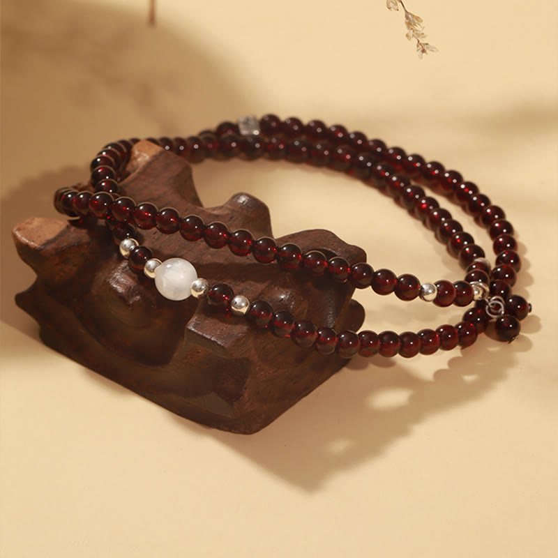 Buddha Stones 925 Sterling Silver Natural Garnet Cat Eye Protection Triple Wrap Bracelet Bracelet BS 1