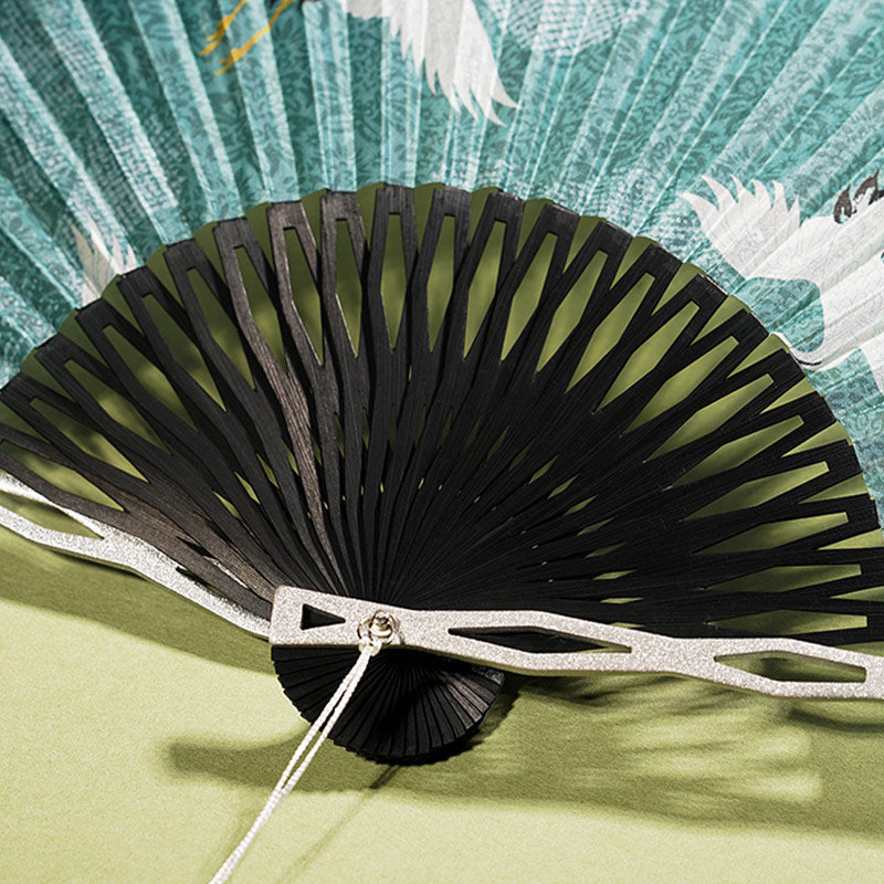 Buddha Stones Vintage Blue White Crane Pattern Handheld Silk Bamboo Folding Fan Folding Fan BS 4