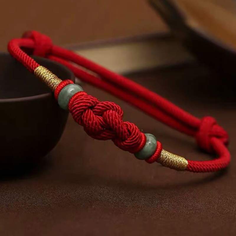 Bracelet couple tressé Foviel à nœud chinois en jade et fil rouge porte-bonheur