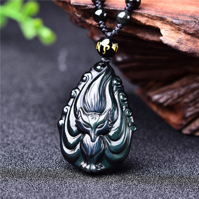 Buddha Stones Natural Rainbow Obsidian Nine Tailed Fox Inner Peace Necklace Beaded String Pendant Necklaces & Pendants BS 8