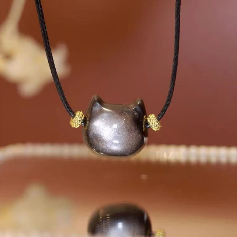 Foviel Gold Sheen Obsidian Silver Sheen Obsidian Lovely Paw Lucky Cat Protection Bracelet