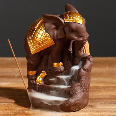Buddha Stones Tibetan Elephant Purple Clay Backflow Smoke Fountain Peace Healing Incense Burner Decoration Incense Burner BS 9