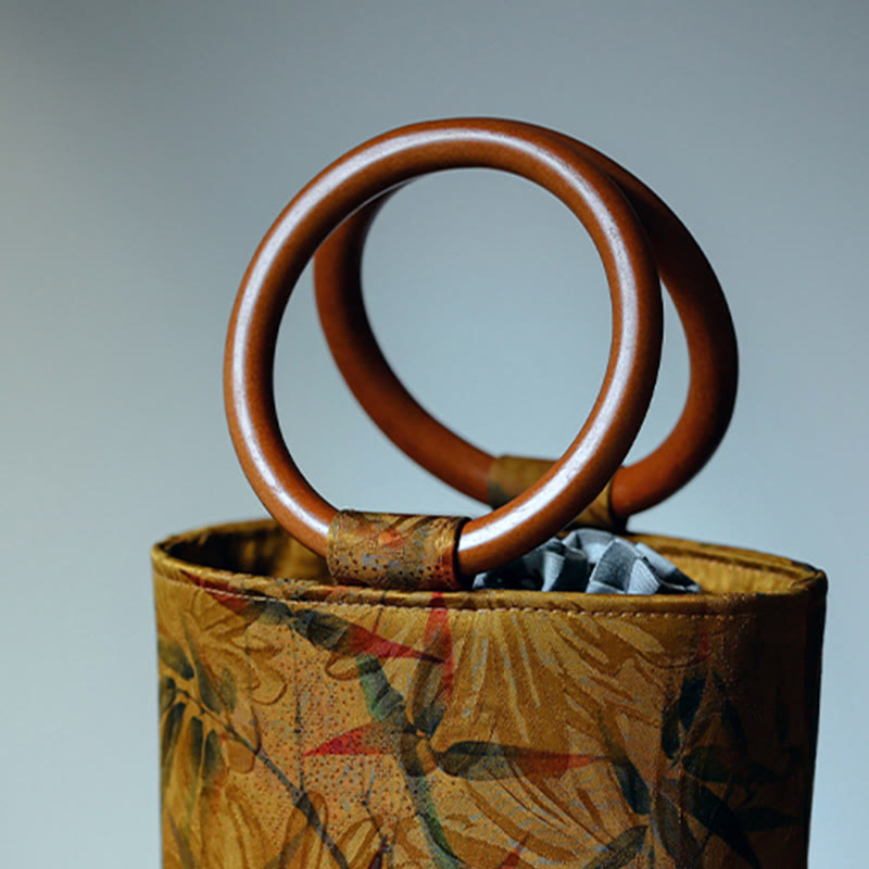 Buddha Stones Bamboo Leaf Butterfly Cherry Blossom Persimmon Wood Handle Handbag Handbags BS 2