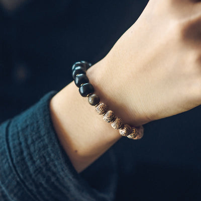 Buddha Stones Tibetan Bodhi Seed Black Obsidian Ebony Wood Copper Peace Bracelet Bracelet BS 8