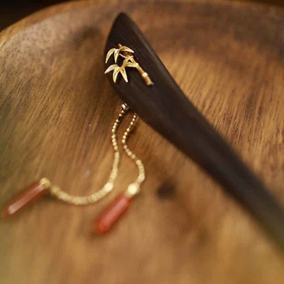 Buddha Stones Red Agate Ebony Wood Confidence Tassel Hairpin Hairpin BS 5