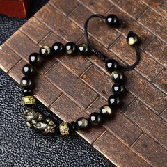 Buddha Stones Natural Gold Sheen Obsidian PiXiu Om Mani Padme Hum Wealth Braided Bracelet Bracelet BS 8mm