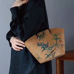 Buddha Stones Vintage Bamboo Magpie Peony Butterfly Large Capacity Shoulder Bag Handbag Shoulder Bag BS Yellow Bamboo Magpie 22-32*19.5*11.5cm