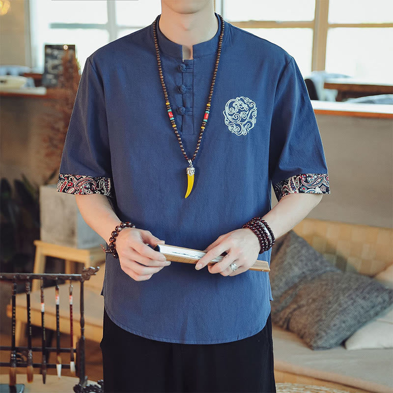 Buddha Stones Frog-Button Dragon Embroidery Chinese Tang Suit Short Sleeve Shirt Linen Men Clothing Men's Shirts BS SteelBlue 5XL(Fit for USUK/AU46; EU56)