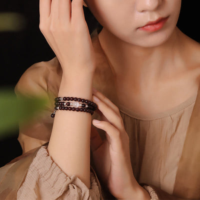 Buddha Stones 925 Sterling Silver Natural Garnet Cat Eye Protection Triple Wrap Bracelet Bracelet BS 3