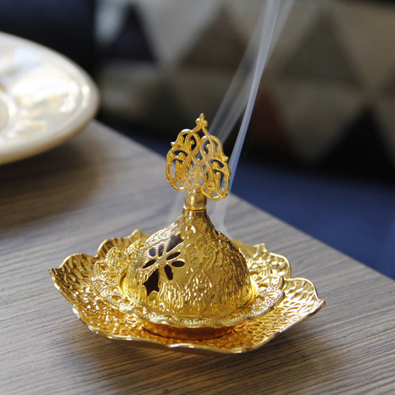 Buddha Stones Gold Leaf Coaster Spiritual Mini Alloy Metal Incense Burner Incense Burner BS 8