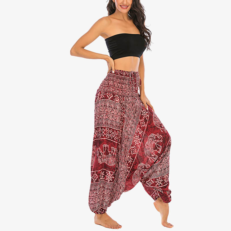 Buddha Stones Two Style Wear Elephant Pattern Loose Smocked Harem Trousers Jumpsuit Women's Yoga Pants Harem Pants&Bodysuit BS 2