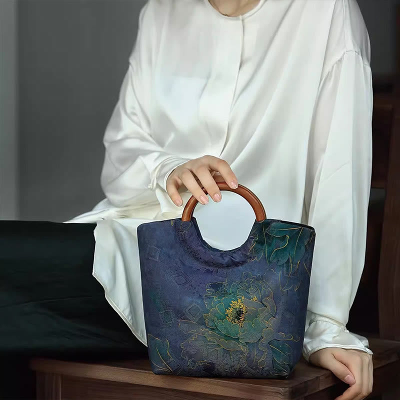 Buddha Stones Peony Flower Bamboo Leaves Bird Solid Wood Handle Handbag Handbags BS 9