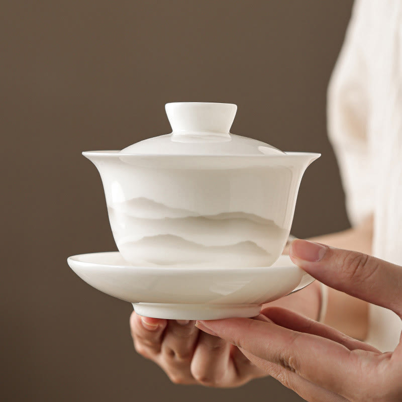 Buddha Stones Vintage Ink Painting Mountain White Porcelain Ceramic Gaiwan Sancai Teacup Kung Fu Tea Cup And Saucer With Lid Tea Utensil Teapot Cup BS 1
