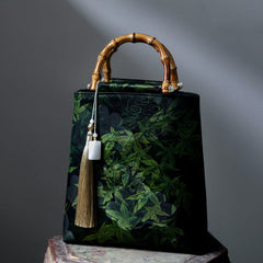 Buddha Stones Bamboo Leaves Butterfly Koi Fish Bamboo Handles Handbag Handbags BS Forest Bamboo Leaves 23*25*8.5cm